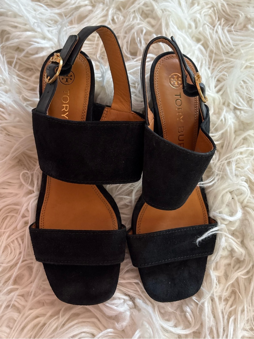 Tory Burch Black Suede Block Heel Slingback Sandals Size 8.5 - Picture 2 of 6